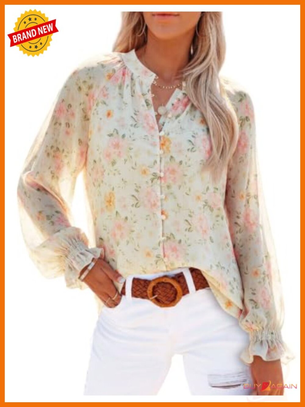 Floral Chiffon Button Down Blouse Long Sleeve V-Neck Dressy Top